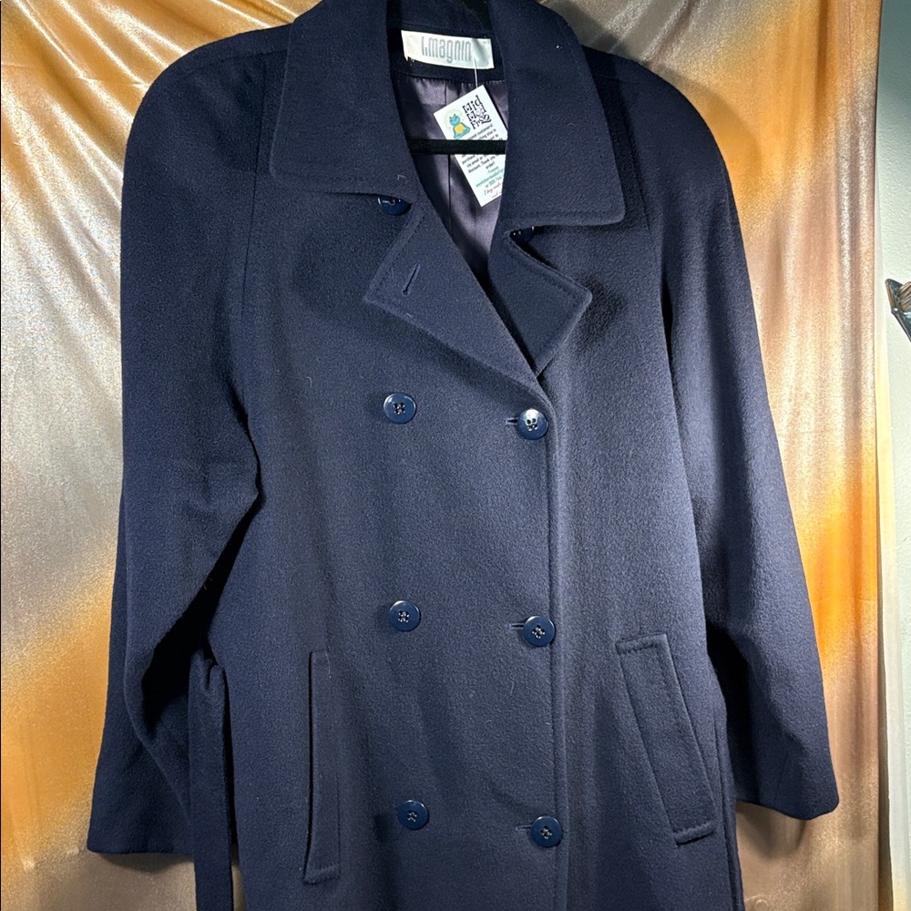 Vintage 80’s camel‎ dark Navy Double-Breasted Coat big shoulders belt bag b60